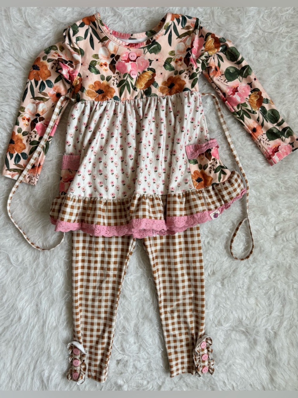 cheeky plum Cottagecore Pink Floral & Gingham AOP Girls Matching Set